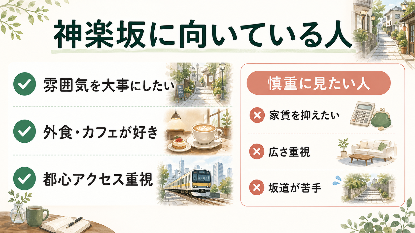 神楽坂に向いている人と慎重に見たい人を柔らかいイラストで比較した画像