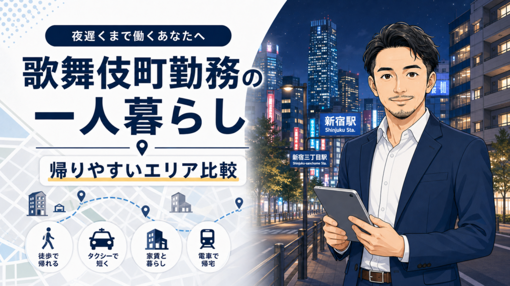 歌舞伎町勤務の夜職・深夜勤務向けに帰りやすいエリア比較を案内する不動産アドバイザーのアイキャッチ画像