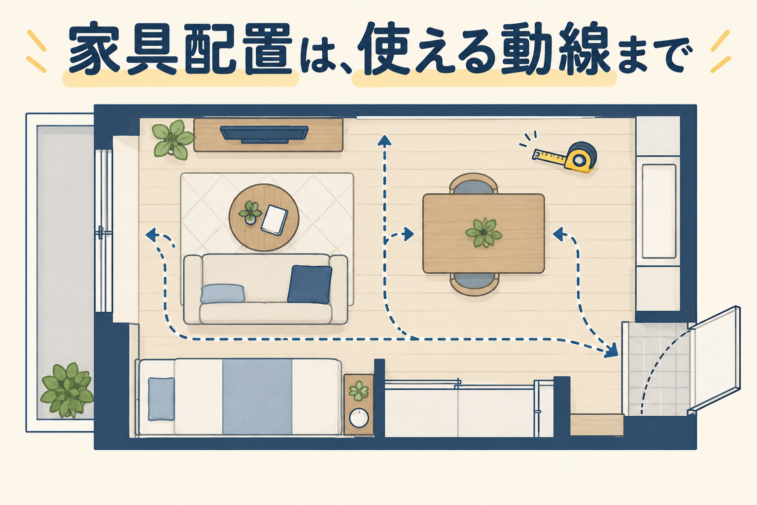家具を置いた後の扉・椅子・通路の動線を示す図解