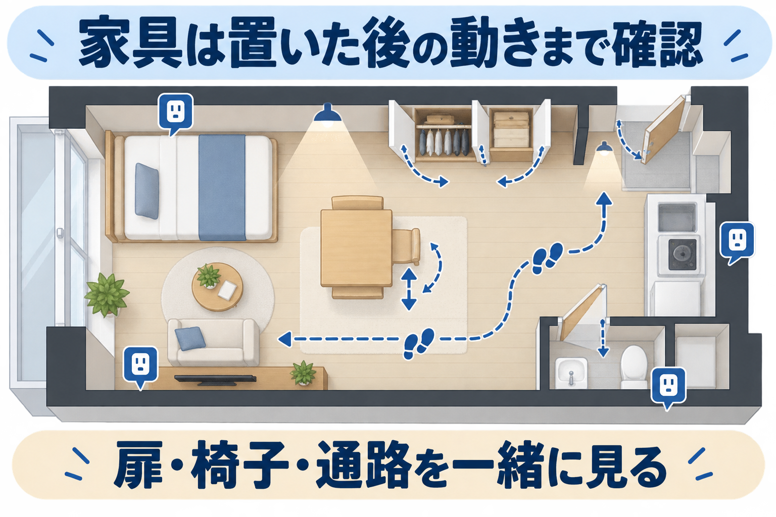家具を置いた後の扉・椅子・通路の動きを示す図解