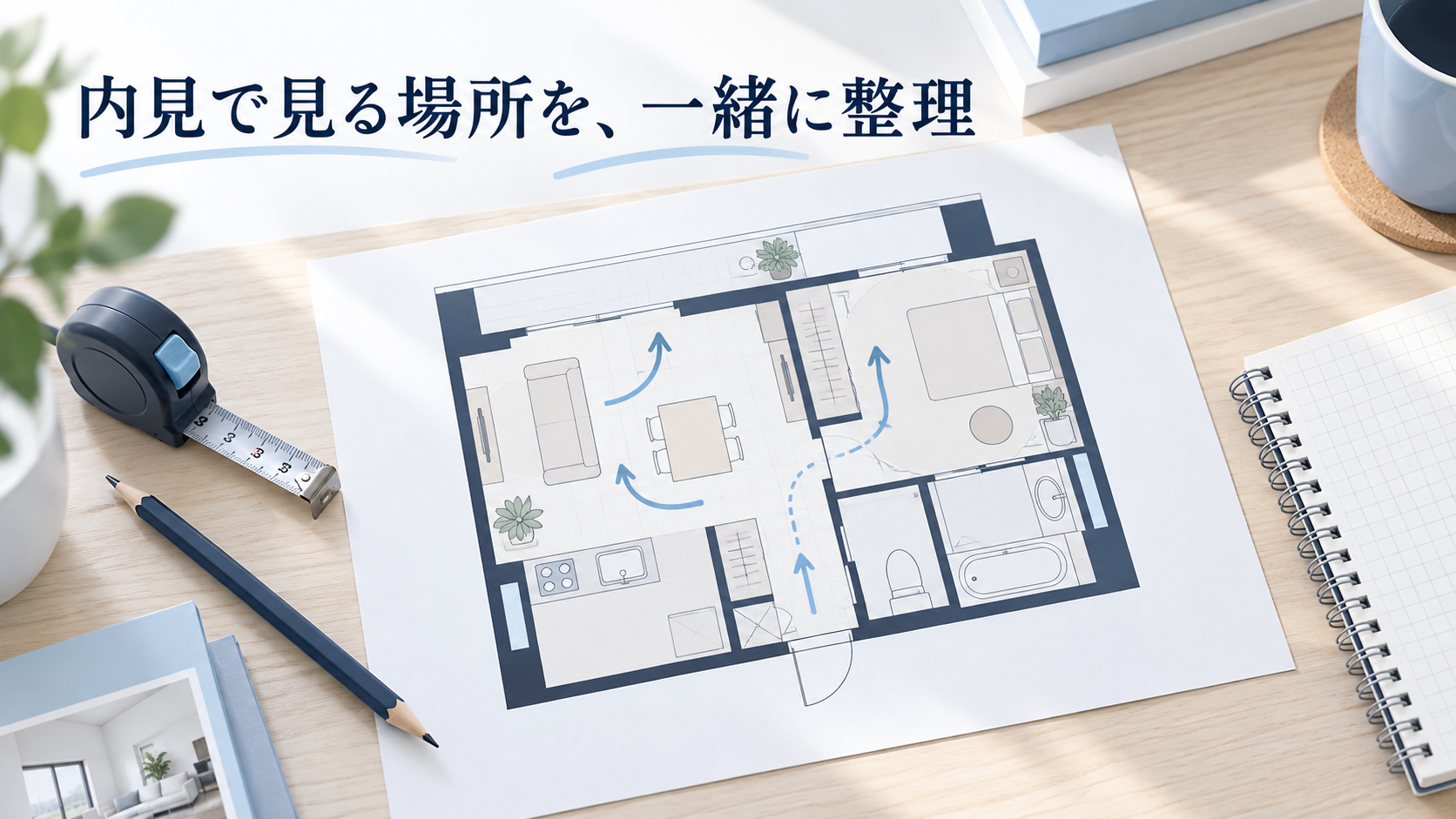 間取り図と筆記具を使って内見確認箇所を整理するイメージ