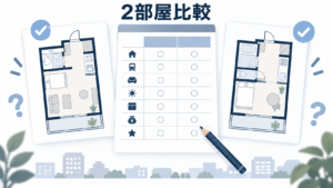 架空の二つの賃貸候補と比較表のイラスト