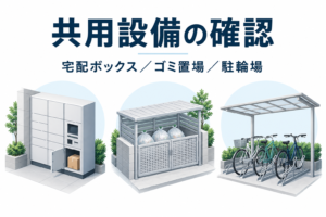 共用設備の確認。宅配ボックス、ゴミ置場、駐輪場の一般説明図