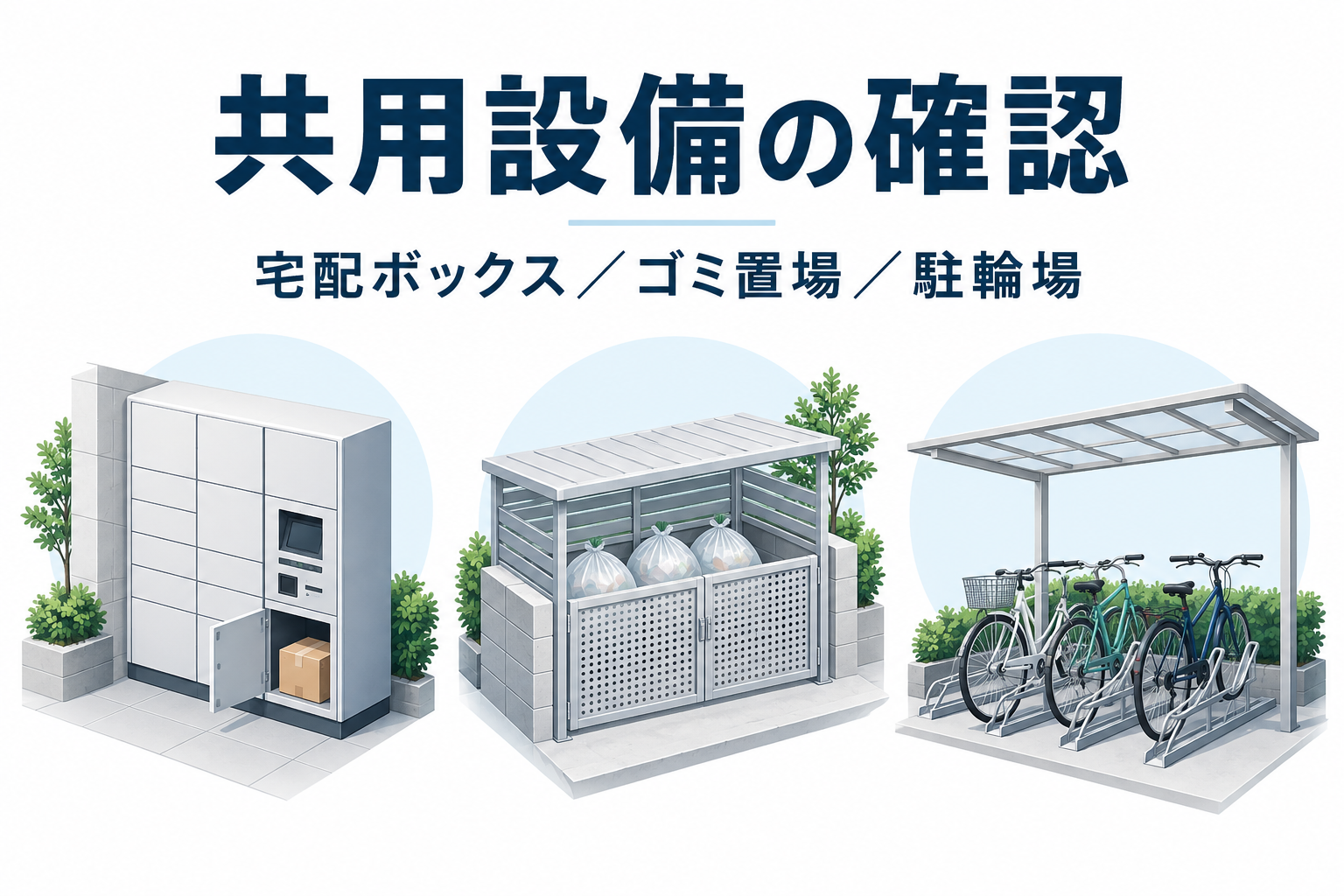 共用設備の確認。宅配ボックス、ゴミ置場、駐輪場の一般説明図