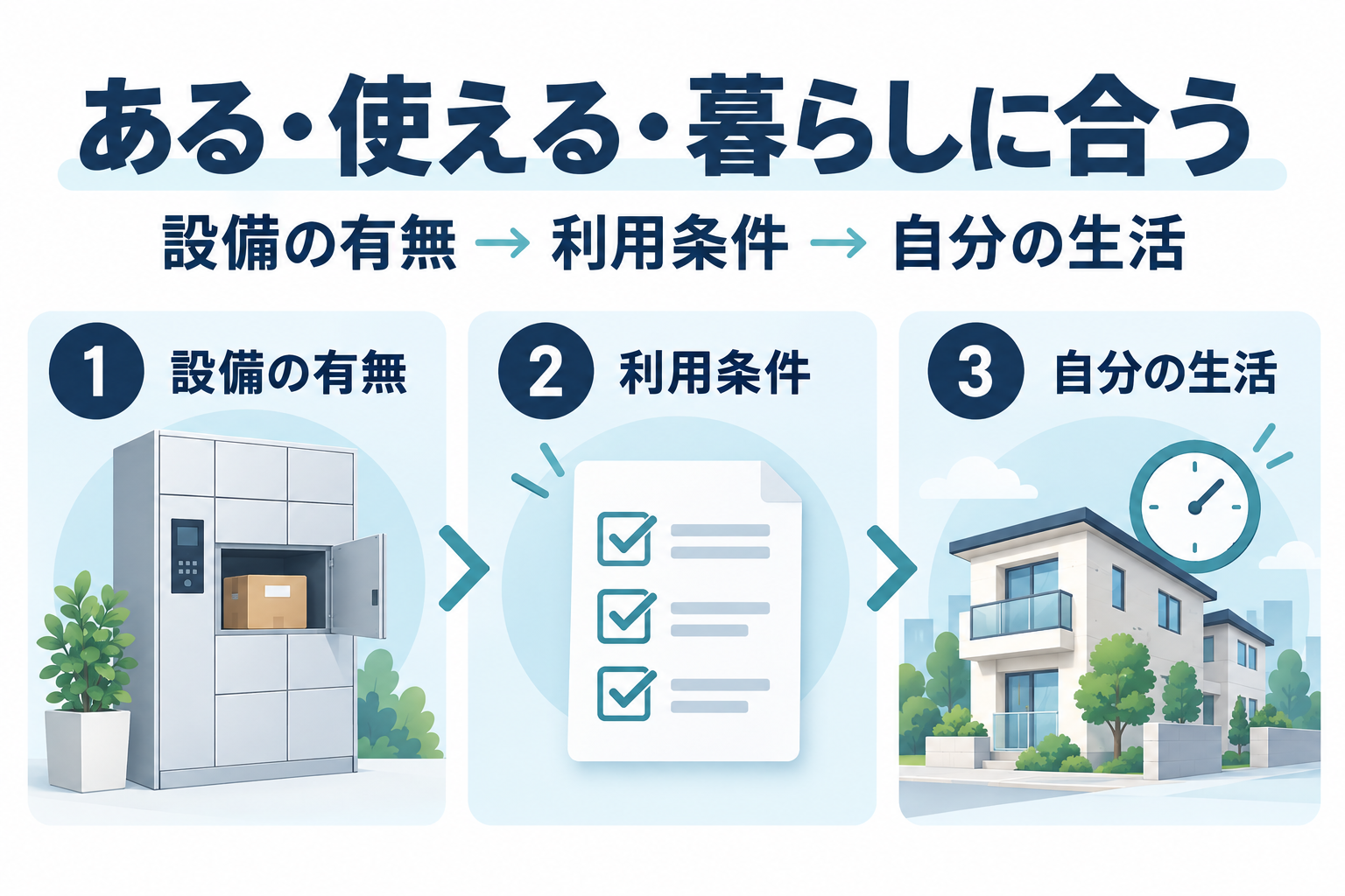 ある・使える・暮らしに合う。設備の有無、利用条件、自分の生活の3段階で確認する図
