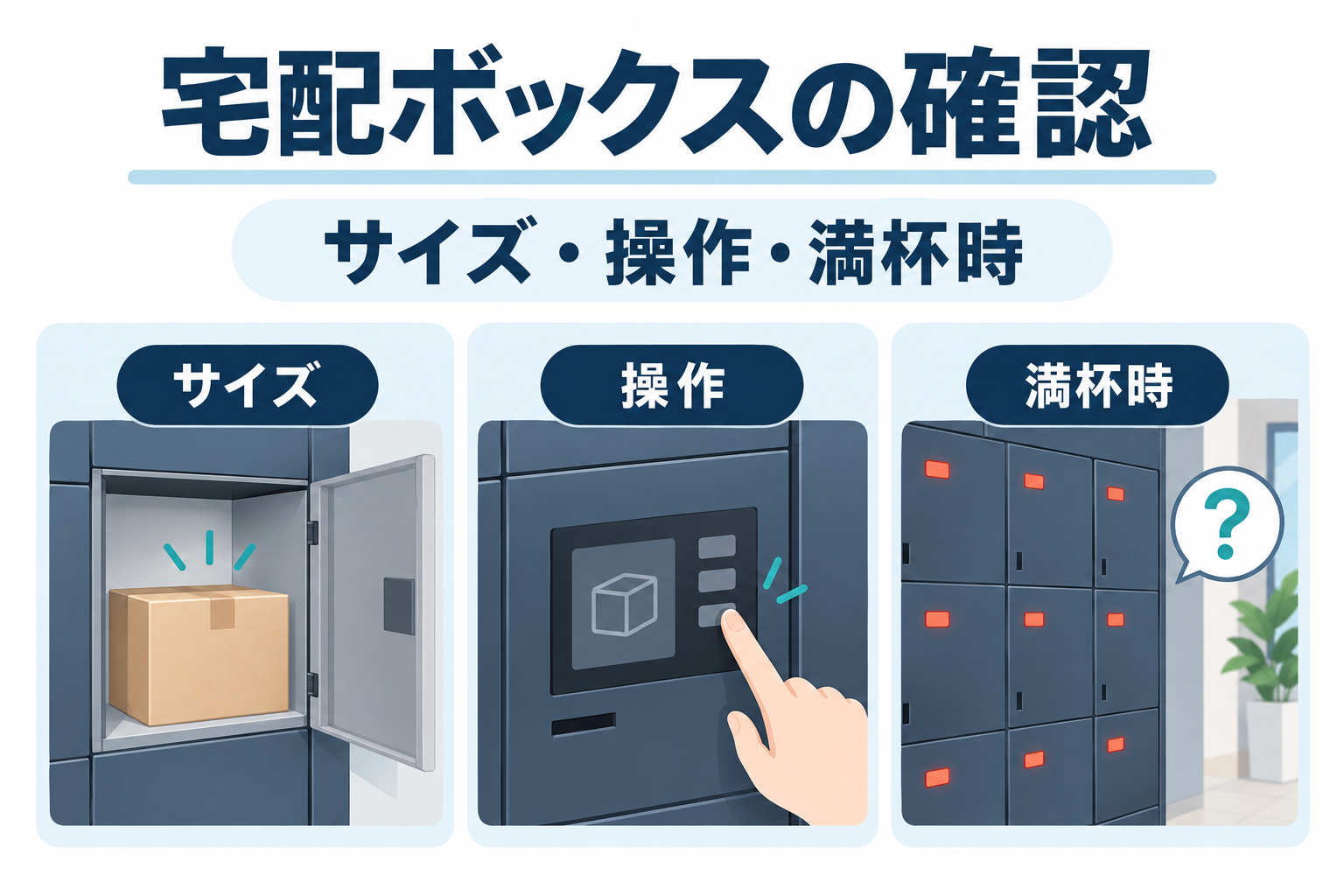 宅配ボックスのサイズ、操作、満杯時の対応を確認する図