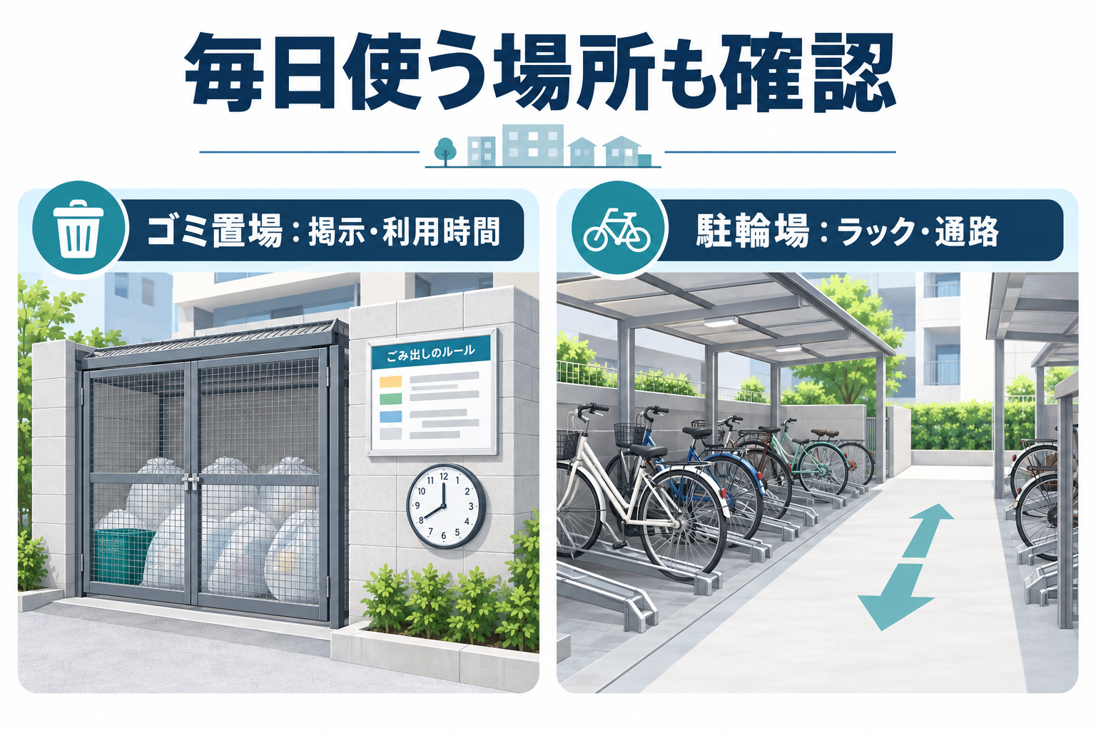 ゴミ置場の掲示と利用時間、駐輪場のラックと通路を確認する一般図解