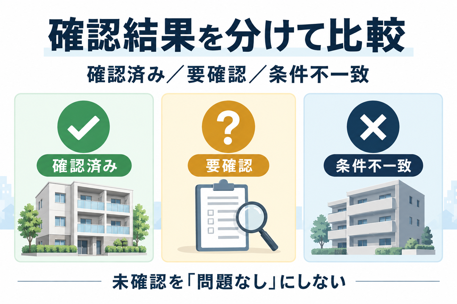 確認済み、要確認、条件不一致に分けて比較し、未確認を問題なしにしない図